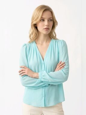 Express Cyan Deep V Button Down Blouse Small Long Sleeve Balloon Fit